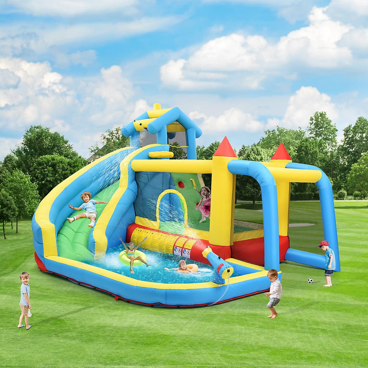 Château Gonflable - Aires de Jeux Gonflables 5 en 1 avec Toboggan, Piscine et Zones de Saut, Tissu Oxford, Multicolore