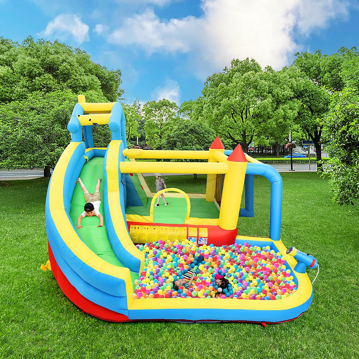 Château Gonflable - Aires de Jeux Gonflables 5 en 1 avec Toboggan, Piscine et Zones de Saut, Tissu Oxford, Multicolore – Image 2