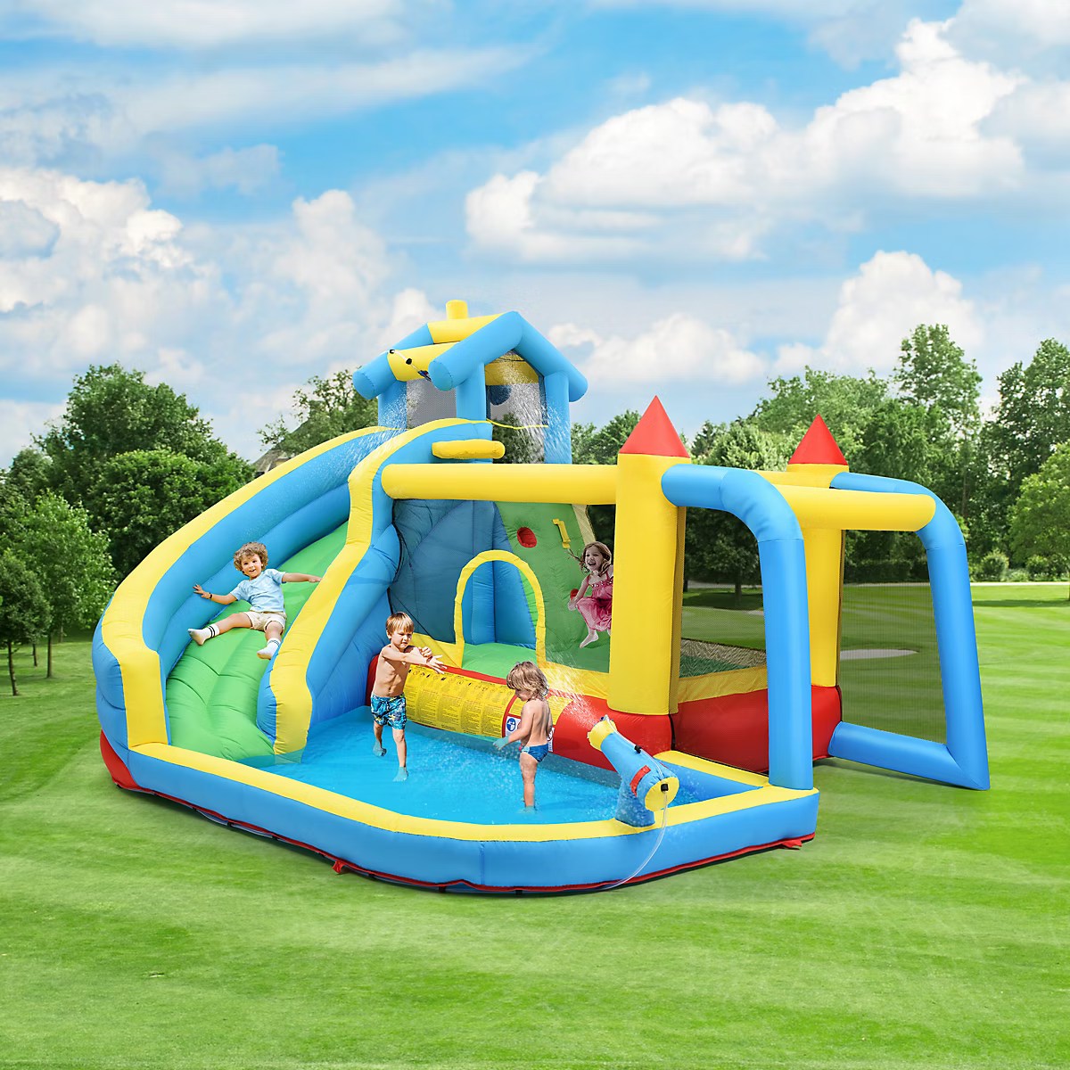 Château Gonflable - Aires de Jeux Gonflables 5 en 1 avec Toboggan, Piscine et Zones de Saut, Tissu Oxford, Multicolore – Image 3
