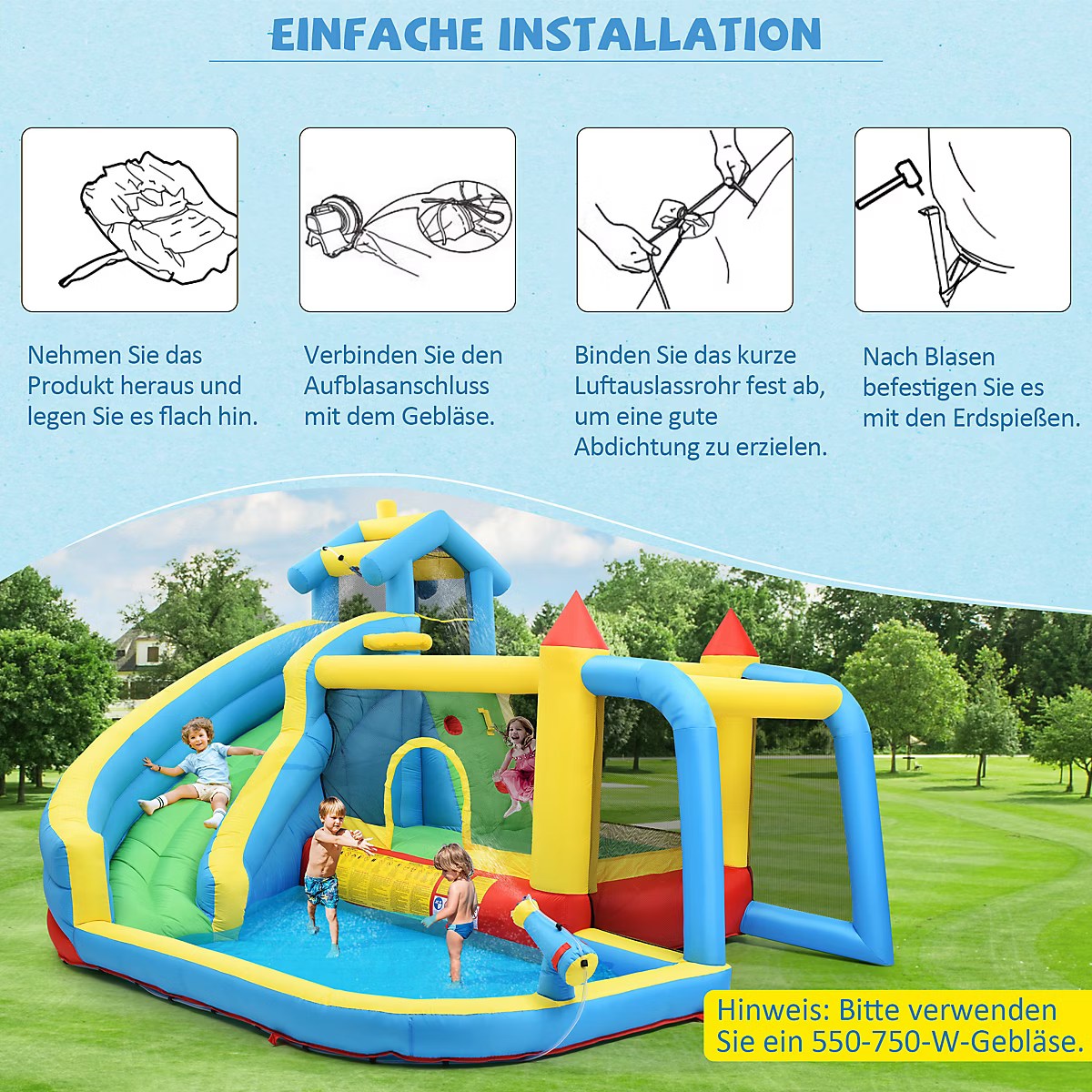 Château Gonflable - Aires de Jeux Gonflables 5 en 1 avec Toboggan, Piscine et Zones de Saut, Tissu Oxford, Multicolore – Image 9